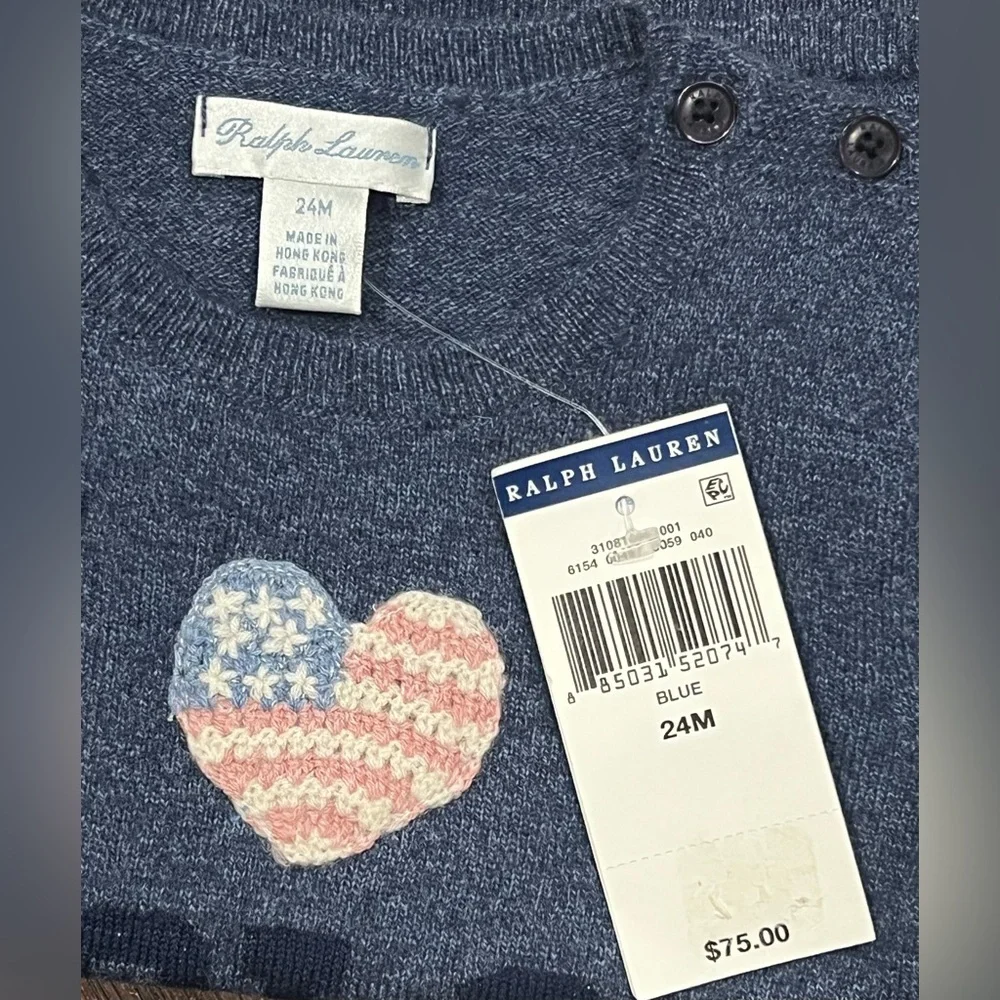 RALPH LAUREN INFANT Sweater Blue Knit HEART Wool 2 Button Size 24M - Picture 7 of 12